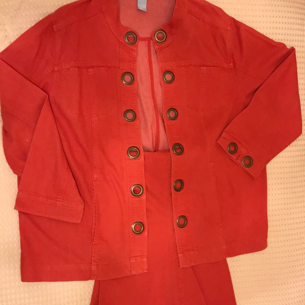 Liz and Me coral demin jacket and jeans.